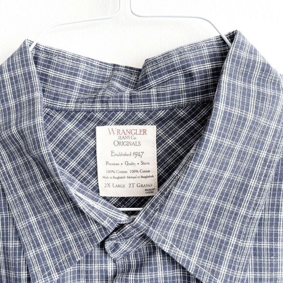 Wrangler Jeans Co. Mens Plaid Long Sleeve Cotton Button Up Shirt Navy Blue 2XL - Picture 4 of 7